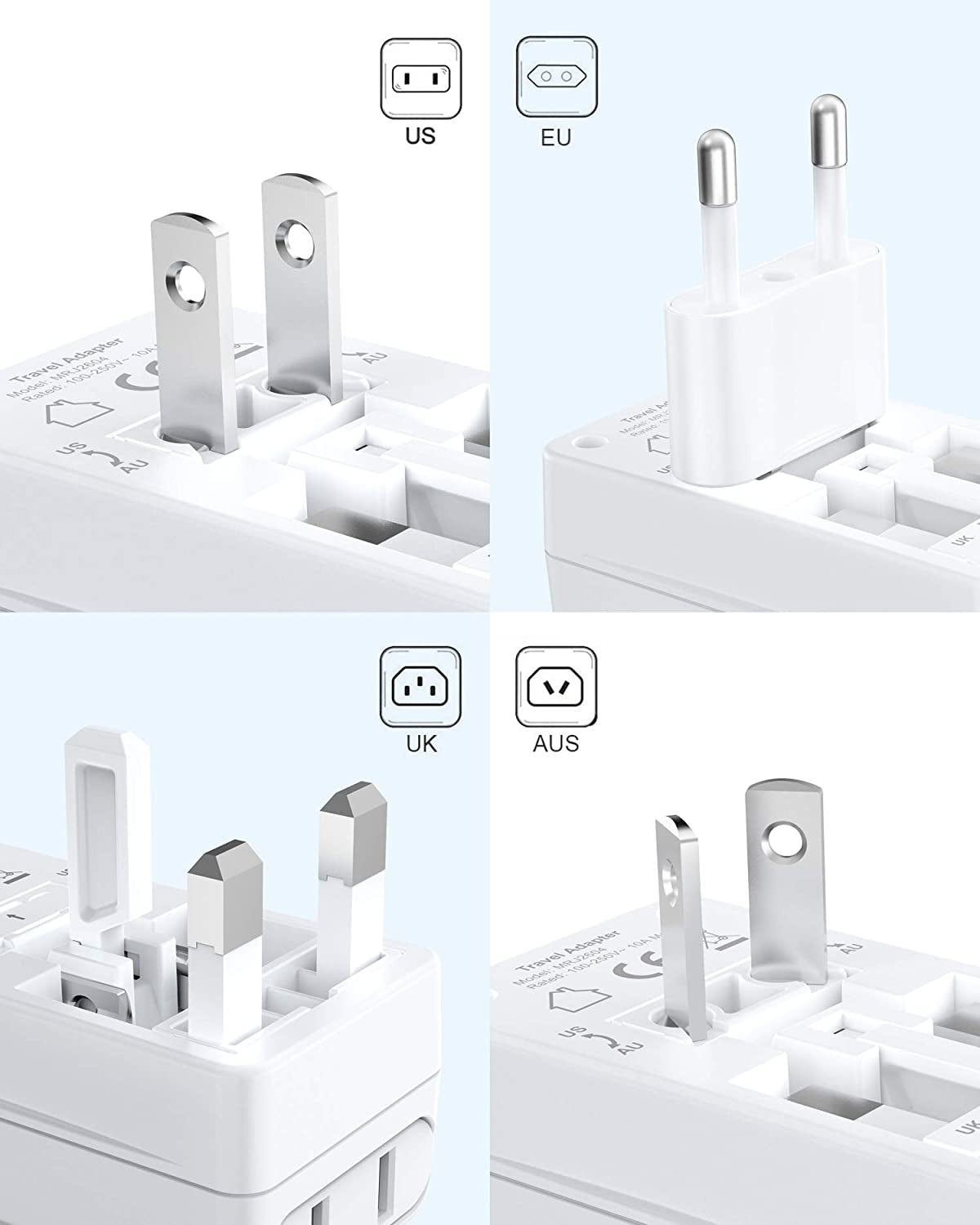 Worldwide Travel Plug Adapter, Dual 100-250V Input Plug Adapter Universal All-In-One Travel Adapter Travel Power Adapter for UK, Europe, AU, JP, US, Type A/I/G/C - 2 Pack